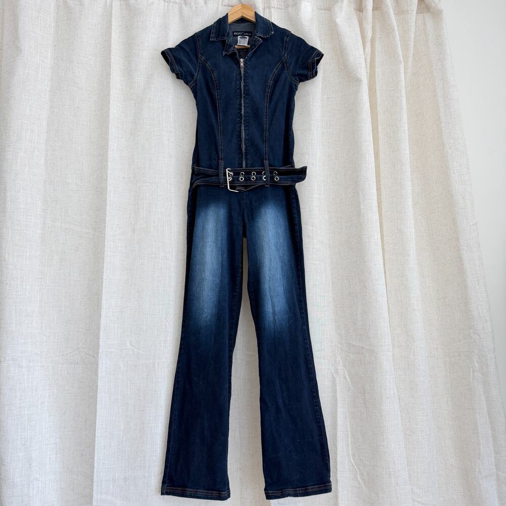 Vintage Y2K Denim Jumpsuit Medium Flare Low Rise Belted Zip Front Britney JLo - Picture 8 of 12